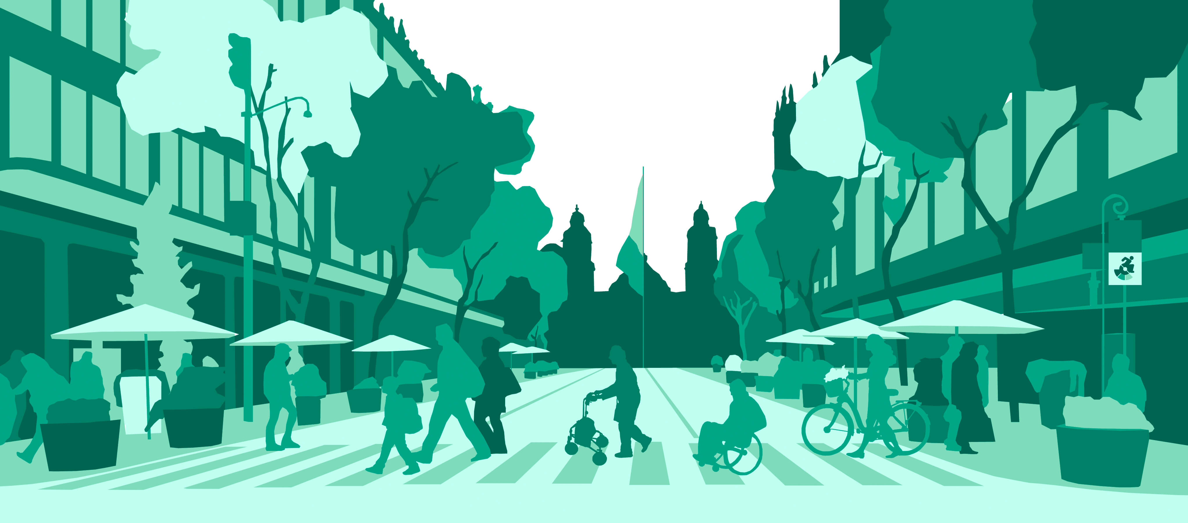 An illustration of an intersection with people traveling across the street.